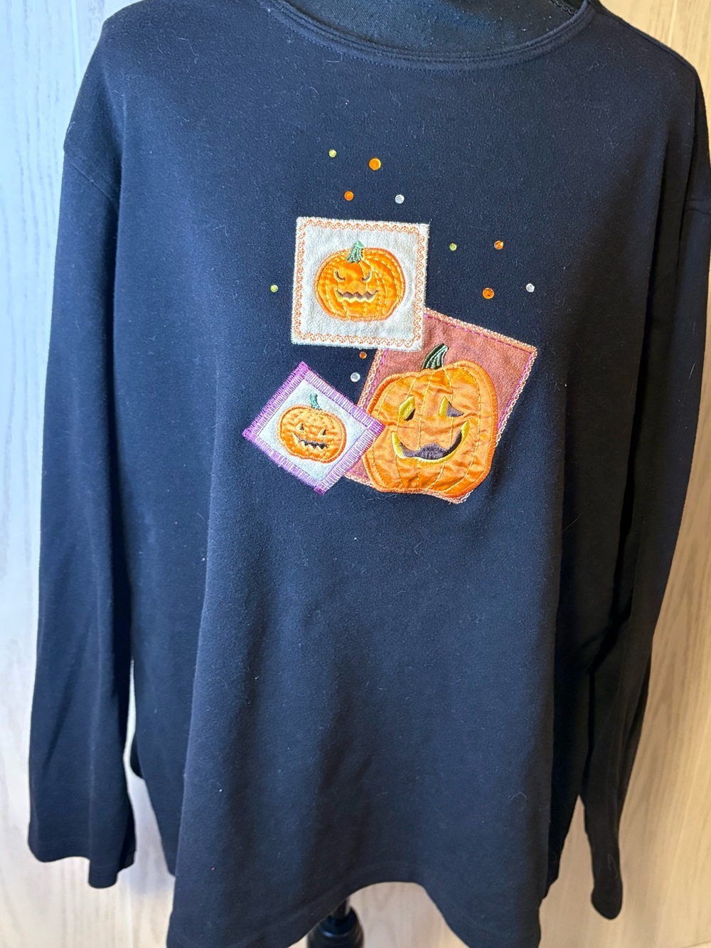 Y2K Vintage Halloween Embroidered Pumpkin Long Sleeve Black Shirt sz 22